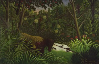 Tigre che attacca un cavallo e un uomo nero dormiente da Henri Rousseau