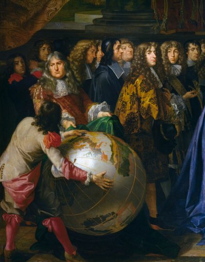 Globo terrestre, dettaglio di Jean-Baptiste Colbert che presenta i membri dell
