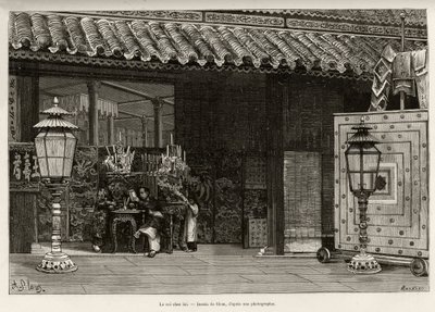 Re Dong Khanh, Imperatore di Annam, nella città imperiale di Hue (Vietnam). Incisione di Thiriat, per illustrare la storia Trente mois au Tonkin di Dr. Charles Edouard Hocquard, in Le tour du monde, nouveau journal des voyages, sotto la direzione di Edouar da Henri Thiriat