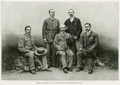 Ritratto di Henry Morton Stanley (John Rowlands 1841-1904) circondato dai suoi ufficiali: Dr. Thomas Heazle Parke (1857-93), Robert H. Nelson, William G. Stairs e Arthur J. M. Jephson (incisione) da Henri Thiriat
