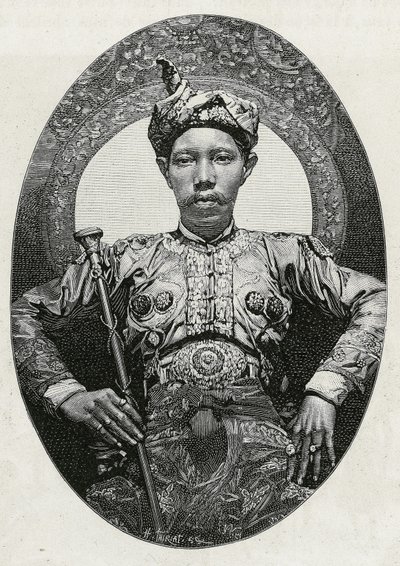 Ritratto di Mohammed Yamalul Alam, sultano di Soulou (o Sulu) (Filippine), nel 1880. Incisione di Thiriat, per illustrare la storia 