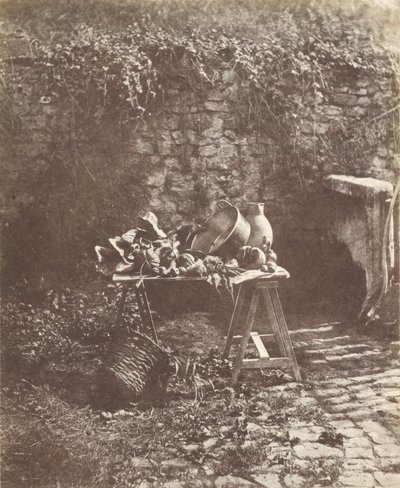 Natura morta - Chaudron, brocca e verdure su un tavolo a cavalletto da Henri Victor Regnault