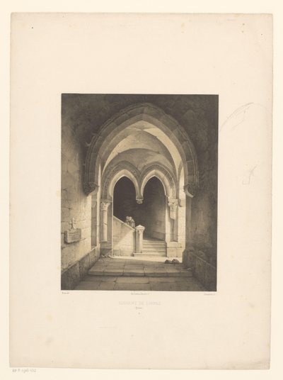 Interno di un monastero con due monaci sullo sfondo da Henri de Boug d