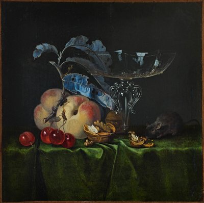 Natura morta con pesche, noci, topo e bicchiere di vino veneziano da Henri de Fromantiou