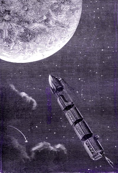Treno di proiettili sparati da un cannone gigante verso la Luna, "Dalla Terra alla Luna" di Jules Verne da Henri de Montaut