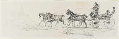 Carrozza trainata da cavalli preceduta da un singolo cavaliere (recto); Uomo a cavallo con una coperta e schizzi di teste, cavalli e arco trionfale (verso) da Henri de Toulouse-Lautrec