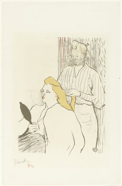 Parrucchiere pettina i capelli di una donna seduta con specchio in mano da Henri de Toulouse Lautrec (signed by artist)