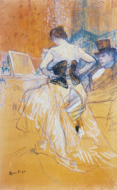 Donna che mette il corsetto, conquista di passaggio da Henri de Toulouse Lautrec