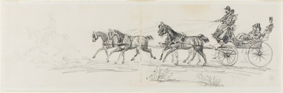 Carrozza trainata da cavalli preceduta da un singolo cavaliere (recto); Uomo a cavallo con una coperta e schizzi di teste, cavalli e arco trionfale (verso) da Henri de Toulouse Lautrec