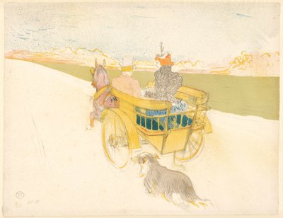 Gita in campagna, Uomo e donna in una carrozza aperta attraversano un paesaggio con cane da Henri de Toulouse Lautrec
