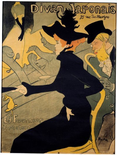 Poster per il cabaret parigino "Il divano giapponese" raffigurante la ballerina Jane Avril e lo scrittore Edouard Dujardin che guardano la cantante Yvette Guilbert esibirsi sul palco da Henri de Toulouse Lautrec