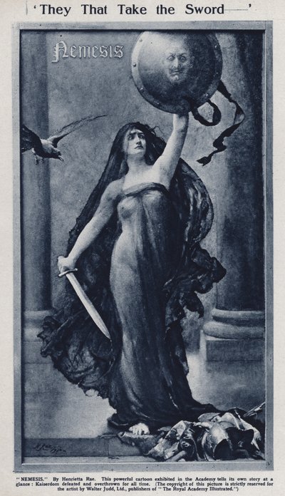 Nemesi, vignetta sulla sconfitta del Kaiser Guglielmo II e della Germania nella Prima Guerra Mondiale esposta alla Royal Academy da Henrietta (after) Rae