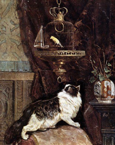 Gatto che spia un uccello in gabbia - di Henriette Ronner da Henriëtte Ronner Knip