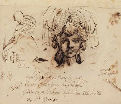Mrs. Fuseli con un elaborato copricapo e studi di un occhio, bocca e torso da Johann Heinrich Füssli
