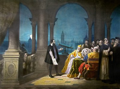 Galileo Galilei mostra il suo telescopio a Leonardo Donato, Doge di Venezia e al Senato veneziano nel 1609, 1900 circa (litografia) da Henry (after) Detouche