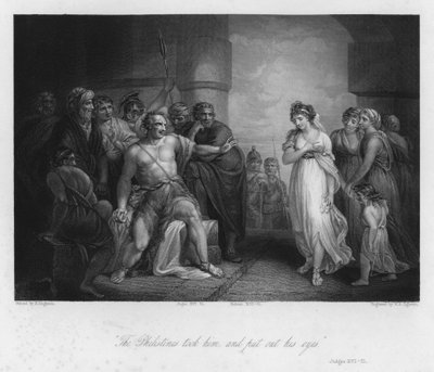 Sansone e Dalila, Giudici XVI, 21 (incisione) da Henry (after) Singleton