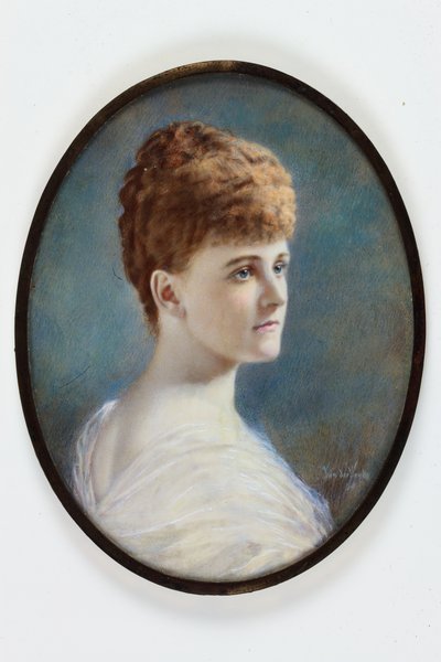 Una signora in un vestito bianco, probabilmente Frances Evelyn (Daisy) Greville, nata Maynard, Lady Brooke, poi Contessa di Warwick da Henry (attr.to) Van der Weyde