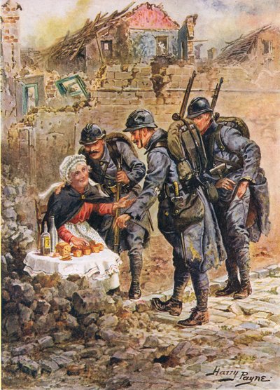 Una vecchia che vende torte tra le case cadenti di Verdun, illustrazione da Brave Deeds by Brave Men di C. Sheridan Jones, pub. 1922 da Henry A. 1868 1940 Payne