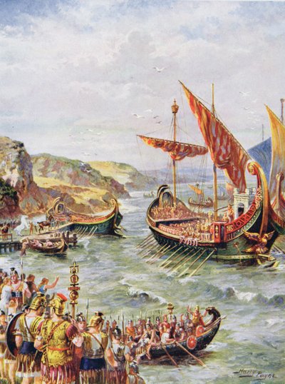 Partenza dei romani dalla Britannia dopo il sacco di Roma nel 410 d.C., illustrazione da 