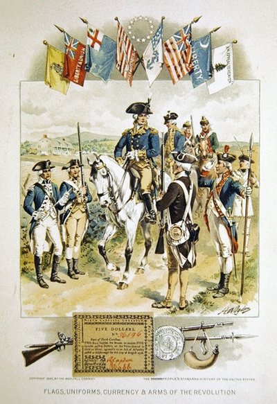 Bandiere americane, uniformi, valuta e armi della Rivoluzione, illustrazione da 