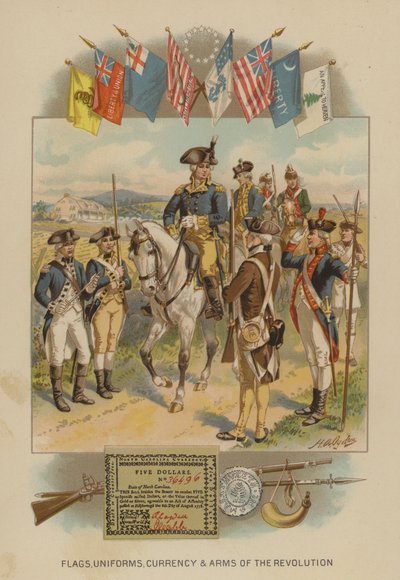 Bandiere, uniformi, valuta e armi della Rivoluzione Americana (cromolitografia) da Henry Alexander (after) Ogden