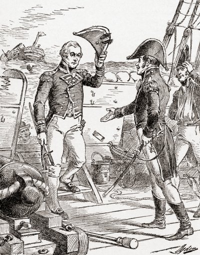 Il capitano Dacres della HMS Guerriere si arrende e offre la sua spada al capitano Hull a bordo della USS Constitution dopo la sua sconfitta durante la Guerra del 1812, da La Storia del Nostro Paese, pubblicato nel 1905 da Henry Alexander Ogden