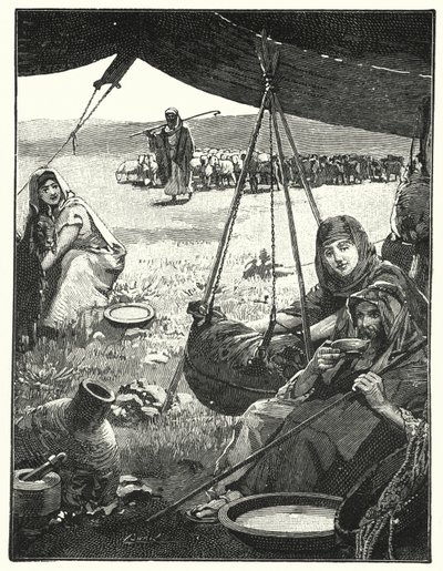 Vita da tenda in Oriente, zangolatura del latte (litografia) da Henry Andrew Harper