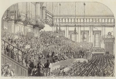 Il Congresso della Pace a Exeter Hall, Sir David Brewster, il Presidente, legge il discorso inaugurale da Henry Anelay