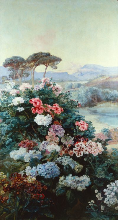Camelie e altri fiori in un paesaggio da Henry Arthur Bonnefoy