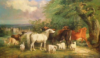 Haddon Hall con pecore, bovini, un cervo e un pony da Henry Barraud