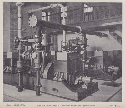 Interno della sala motori e dinamo, Electric Light Works, Canterbury, Kent da Henry Beauchamp Collis