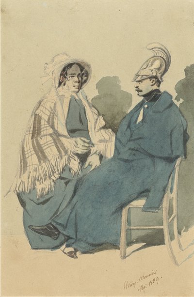 Corazziere con elmo e mantello blu, seduto accanto a una vecchia signora in abito da viaggio da Henry Bonaventure Monnier