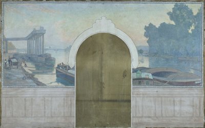 Bozzetto per la sala matrimoni del municipio di Asnières: Paesaggio. Chiatte sulla Senna, con il ponte di Asnières, circa 1900 da Henry Bouvet