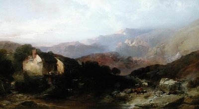 Veduta nel Galles del Nord con mulino ad acqua, bestiame e pecore da Henry Bright