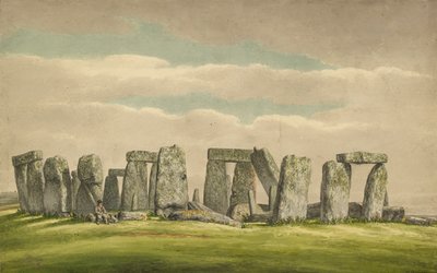 Stonehenge da N.W., mostrando rovine con uomo e cane, 1824-1839 da Henry Browne