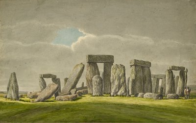 Stonehenge da S.E, mostrando pietre in stato di rovina con 2 visitatori da Henry Browne