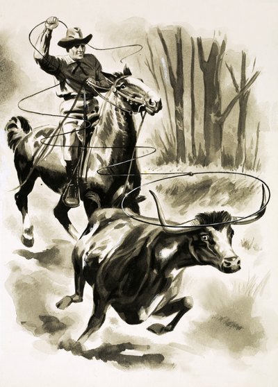 Un cowboy cattura un vitello a cavallo con un lazo da Henry Charles Fox