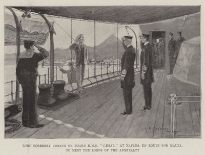 Lord Rosebery che sale a bordo della HMS Caesar, a Napoli, in rotta per Malta, per incontrare i Lord dell