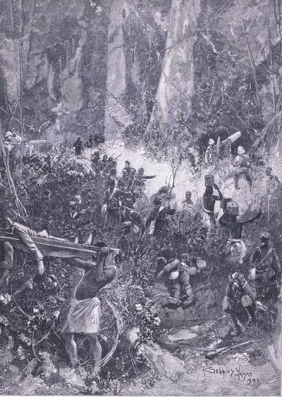 La guerra degli Ashanti 1900: Un combattimento nella foresta, illustrazione da Cassells History of England, 1900s da Henry Charles Seppings Wright