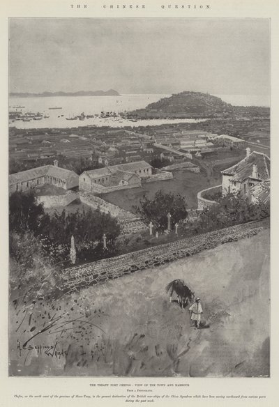 La questione cinese, il porto di trattato Chefoo, vista della città e del porto da Henry Charles Seppings Wright