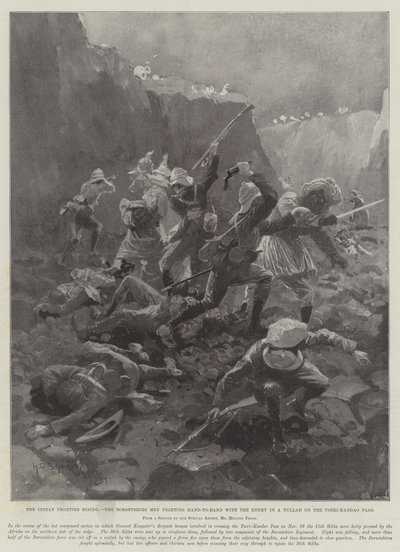 La rivolta della frontiera indiana, gli uomini del Dorsetshire combattono corpo a corpo con il nemico in un Nullah sul passo Tseri-Kandao da Henry Charles Seppings Wright