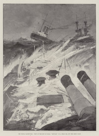 Le manovre navali, vista della prua della HMS Repulse in mare agitato al largo della costa irlandese da Henry Charles Seppings Wright