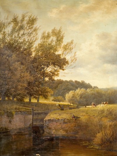 Paesaggio boscoso con ragazzo che pesca in una chiusa da Henry Cheadle