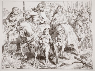 Hereward protegge Alftruda portandola in un luogo sicuro, illustrazione da Hereward il Grande di Charles Kingsley, pub. 1870, inciso da C.G. Lewis da Henry Courtney Selous