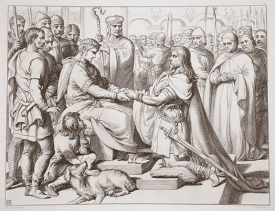 Come Hereward arrivò dal Re, illustrazione da Hereward the Great di Charles Kingsley, pub. 1870, inciso da C.G. Lewis da Henry Courtney Selous
