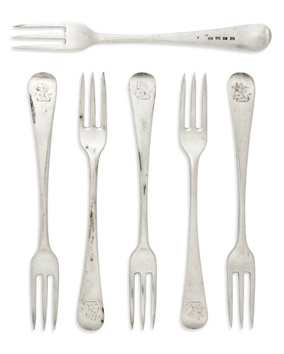 Set di forchette da dessert in stile Old English coloniale di Giorgio III, Gibilterra, c.1790 (argento) da Henry Cowper