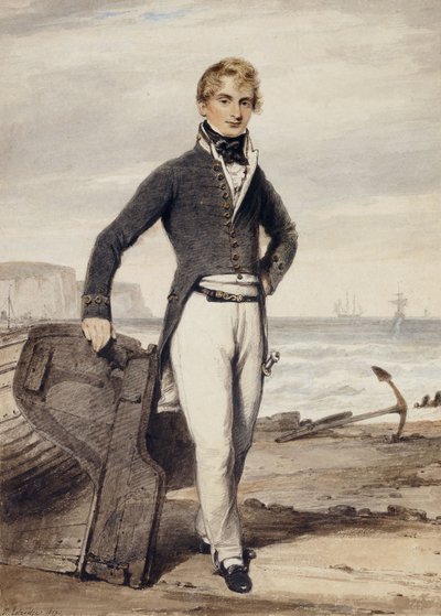 Ritratto di Edward Pocock R.N., piccolo a figura intera, in piedi accanto a una barca a remi arenata a bassa marea da Henry Edridge