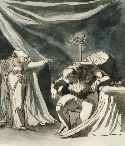 Una vecchia che indossa un rosario maledice un uomo seduto; forse la regina Margherita che maledice il duca di Gloucester da Johann Heinrich Füssli