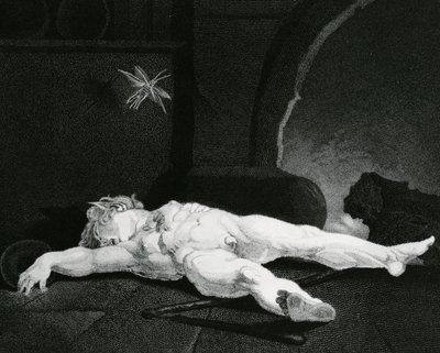 Puck che si crogiola addormentato davanti al focolare di campagna, inciso da Moses Haughton Jr. da Johann Heinrich Füssli