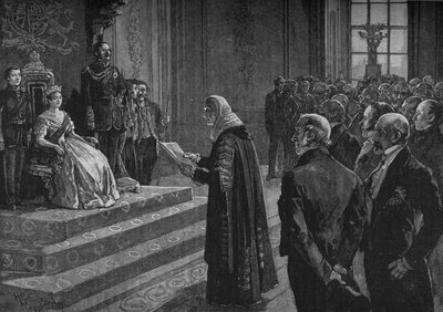Pari e Comuni presentano un indirizzo patriottico alla Regina alla vigilia della Guerra di Crimea, 1891 da Henry Gillard Glindoni